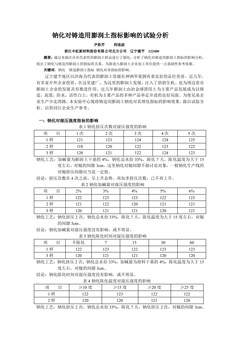 钠化对铸造用膨润土理化指标的影响分析Microsoft