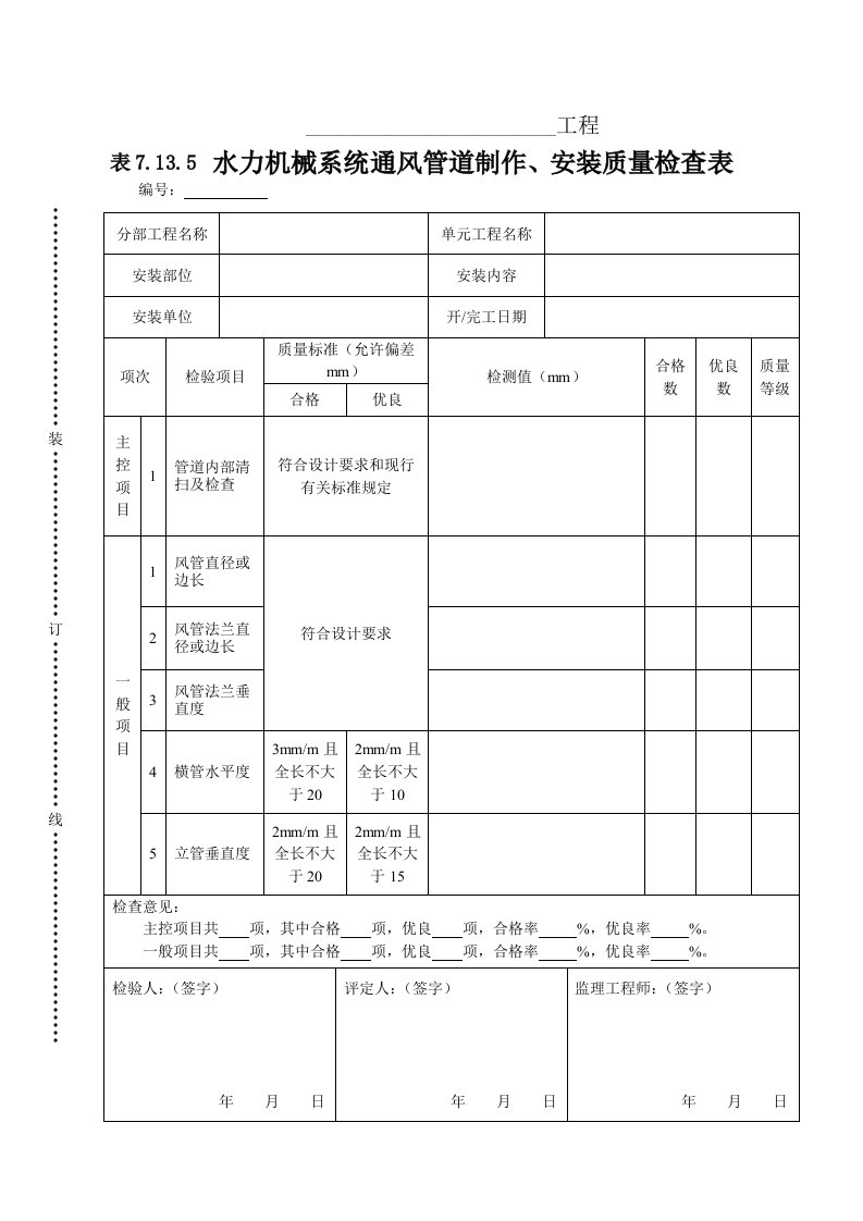 建筑资料-表7135水力机械系统通风管道制作安装单元工程安装质量检查表