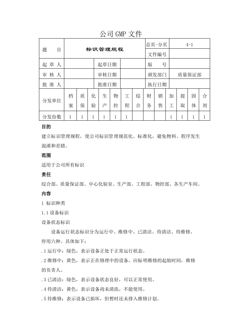 药品生产企业标识管理规程