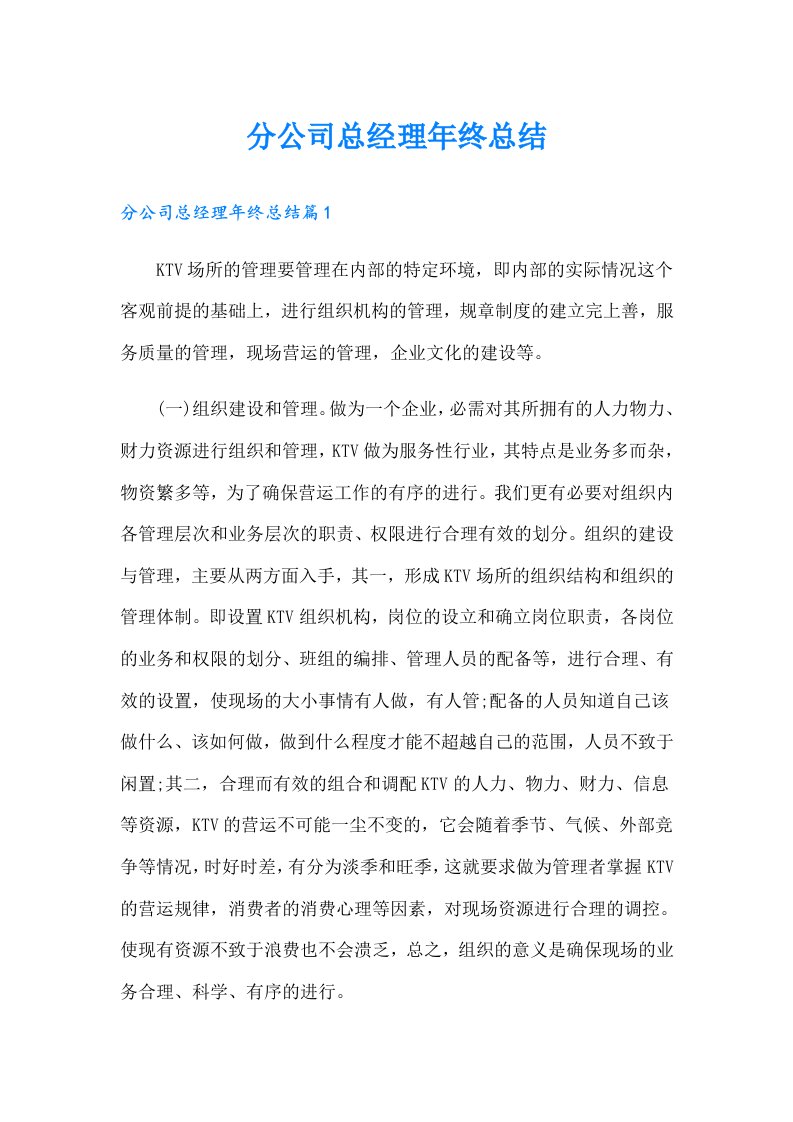 分公司总经理年终总结