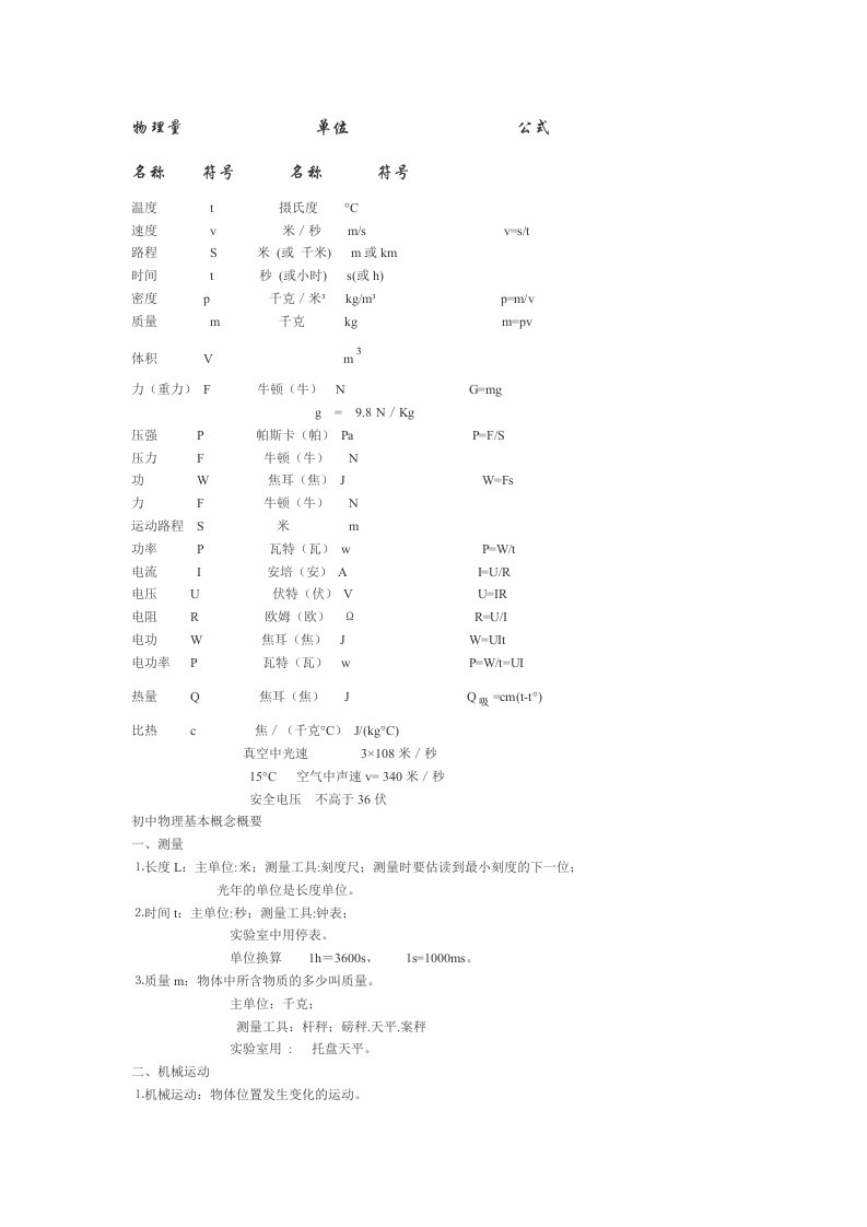 八年级物理公式