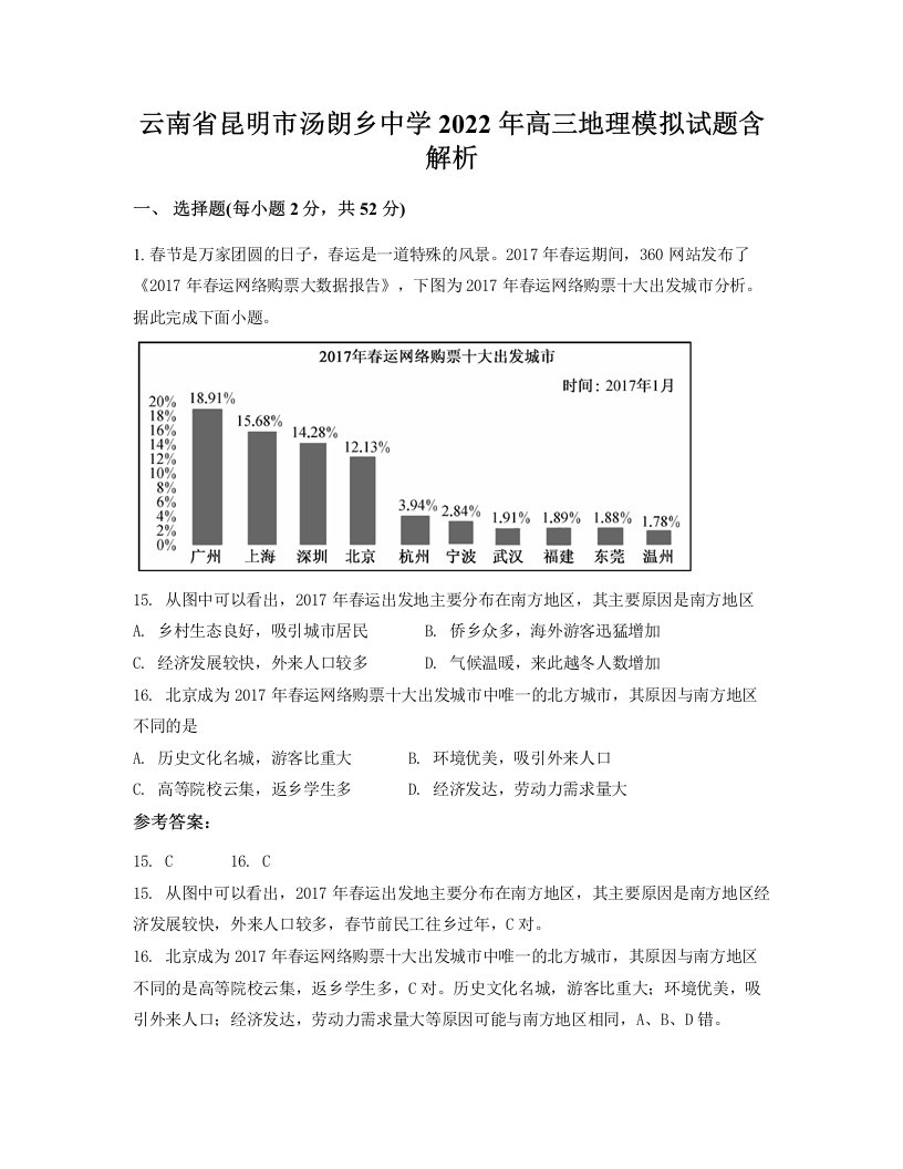 云南省昆明市汤朗乡中学2022年高三地理模拟试题含解析