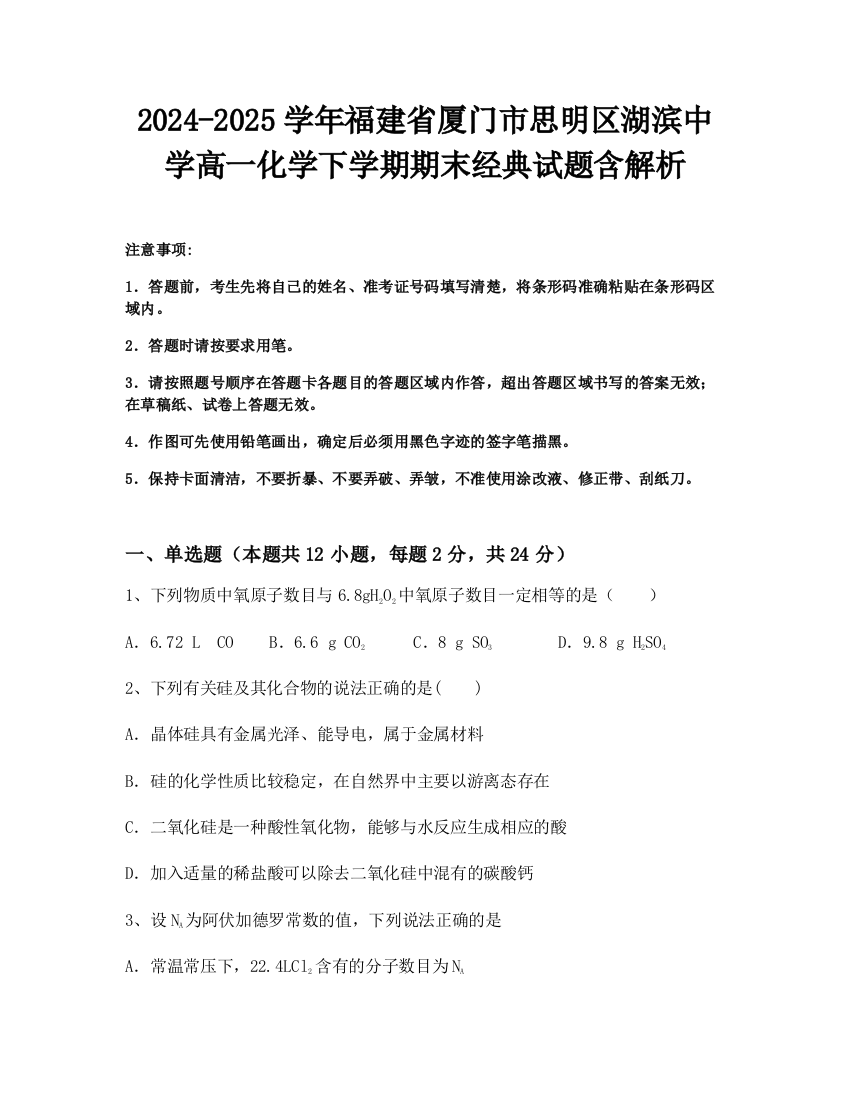 2024-2025学年福建省厦门市思明区湖滨中学高一化学下学期期末经典试题含解析