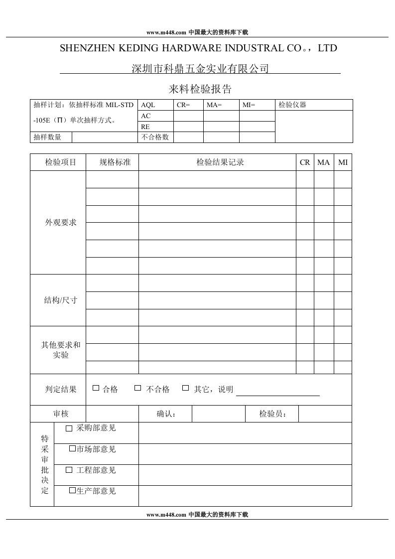 品保部表格来料检验1-质量制度表格