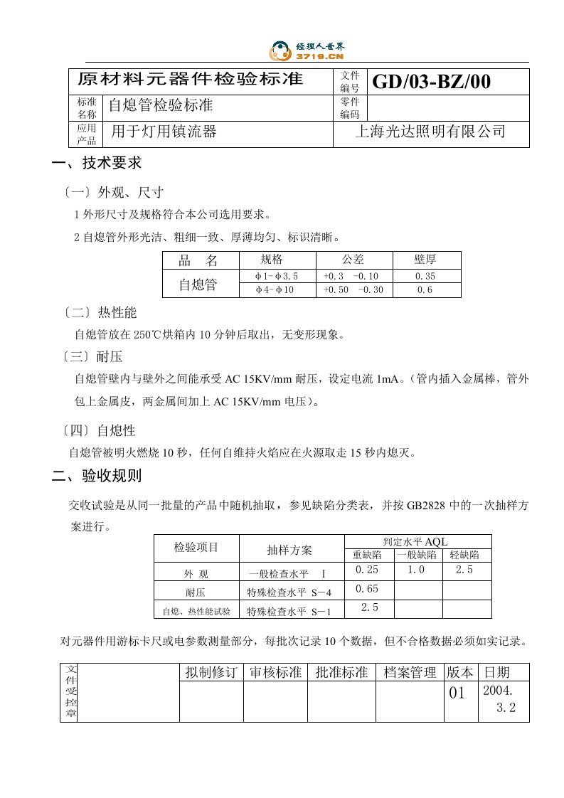 自熄管检验标准-光达照明公司(doc)-质量检验