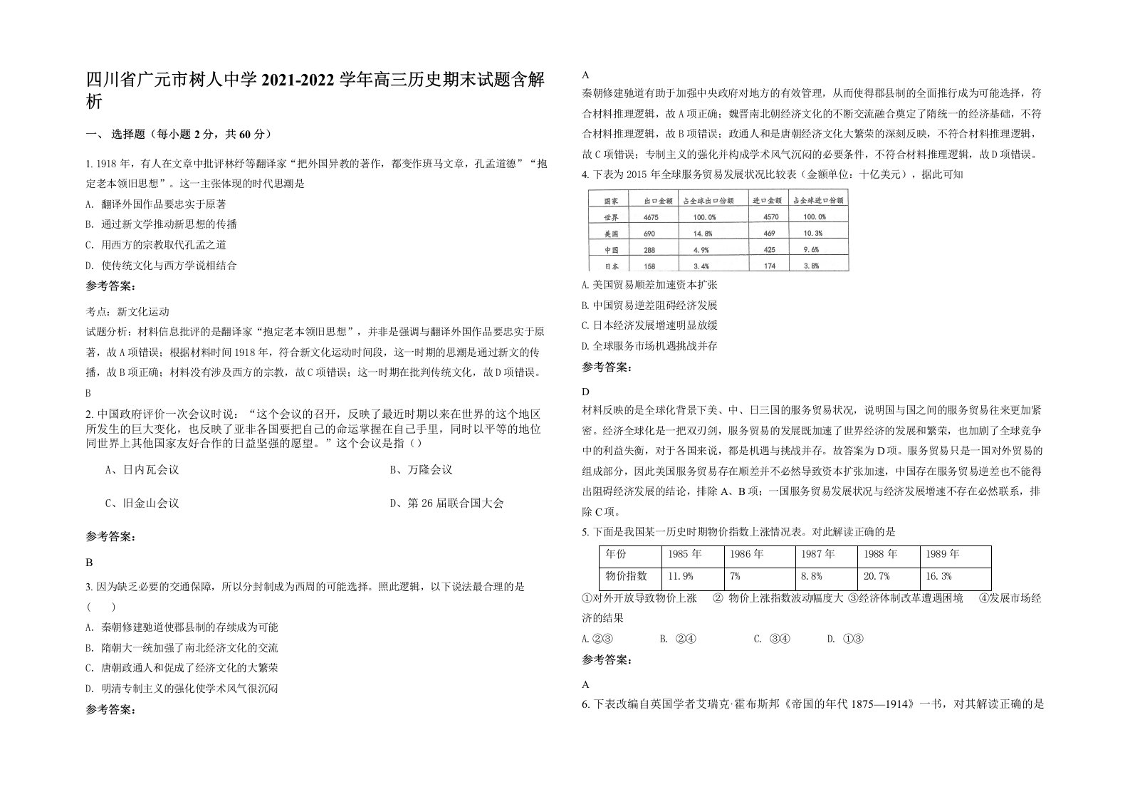 四川省广元市树人中学2021-2022学年高三历史期末试题含解析