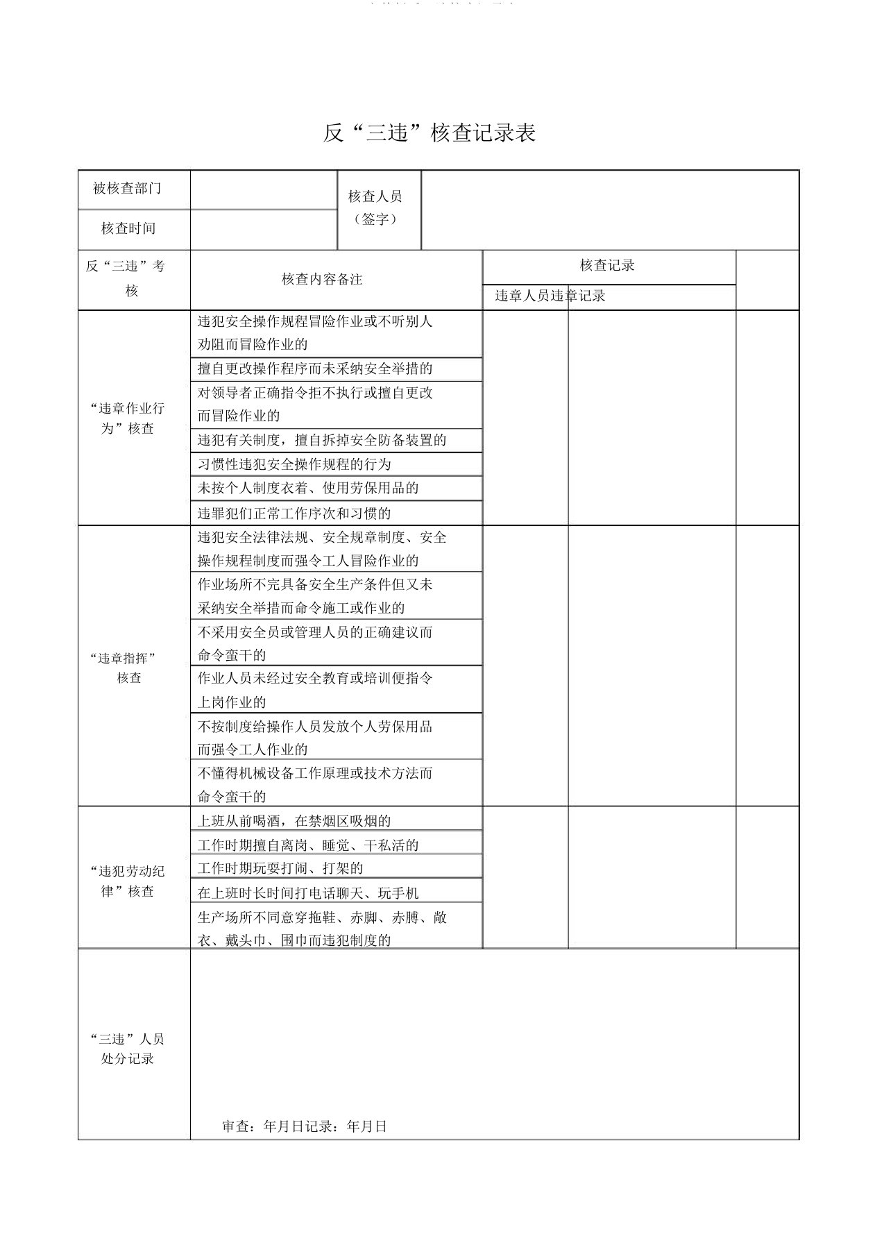 反三违考核记录表