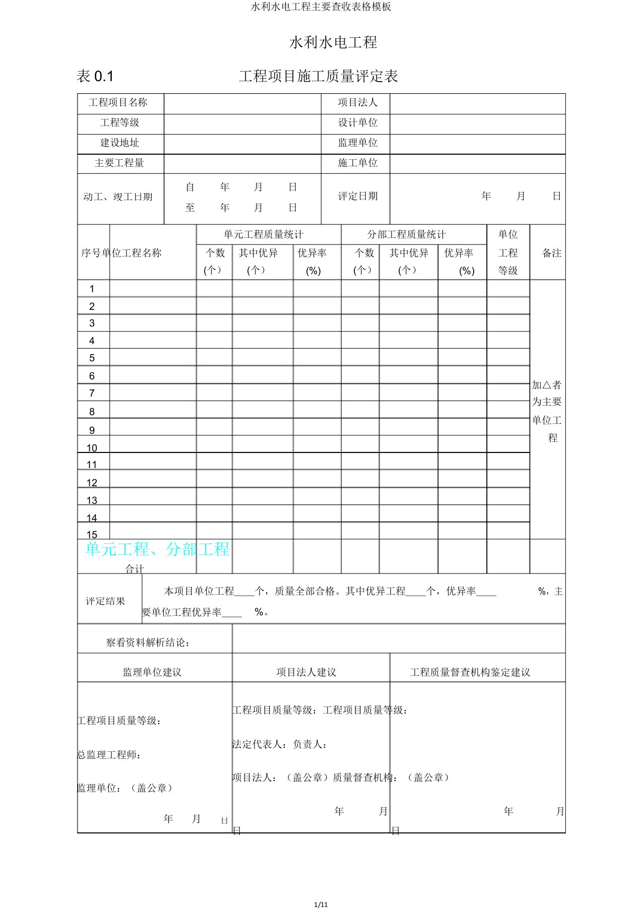 水利水电工程主要验收表格模板