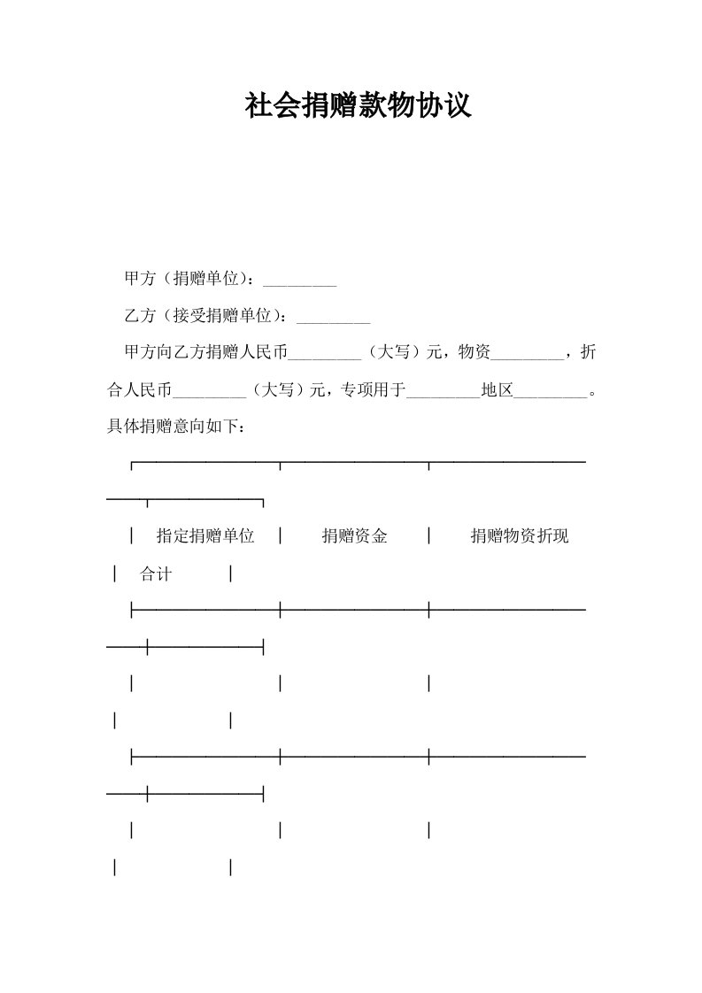 社会捐赠款物协议