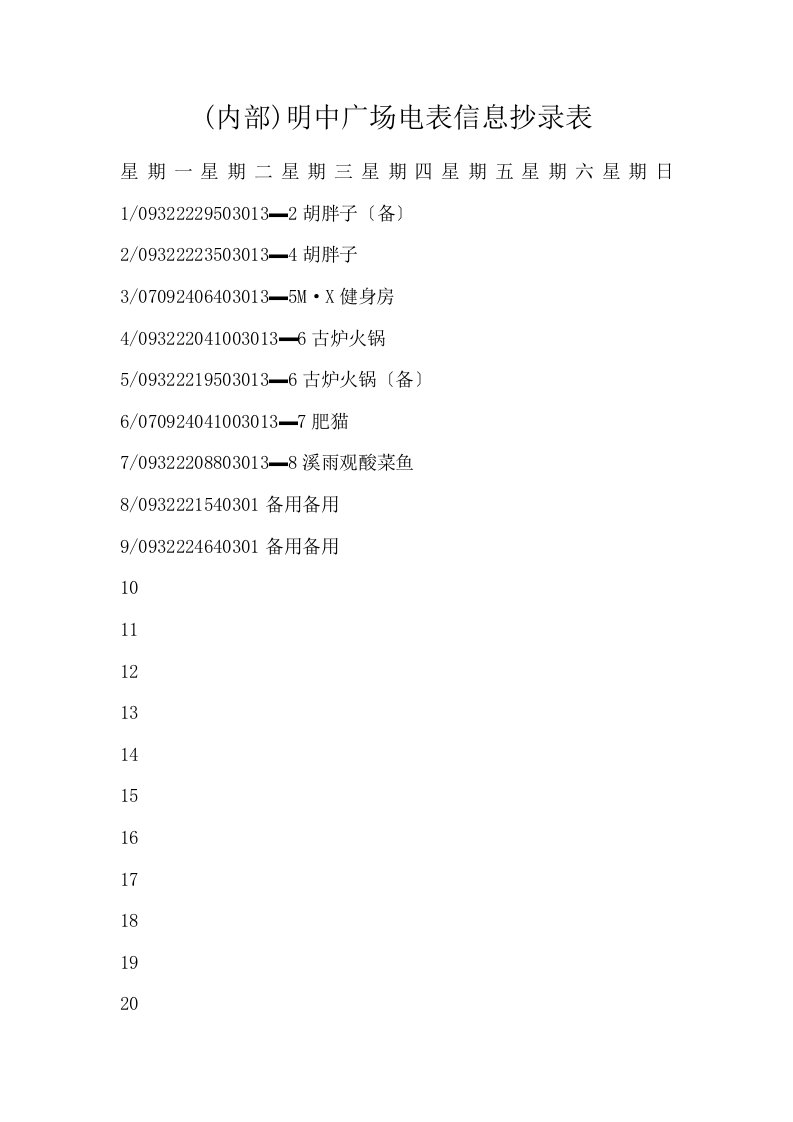 内部明中广场电表信息抄录表