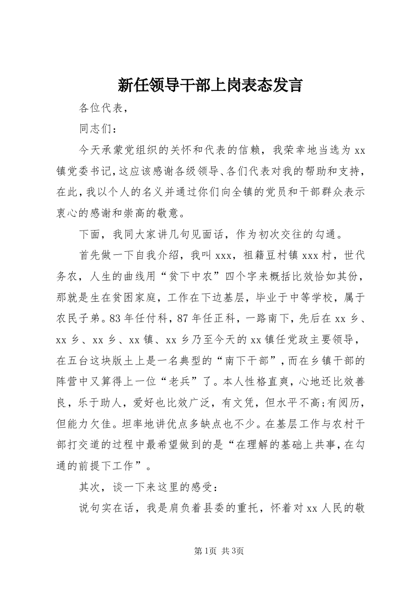 新任领导干部上岗表态发言