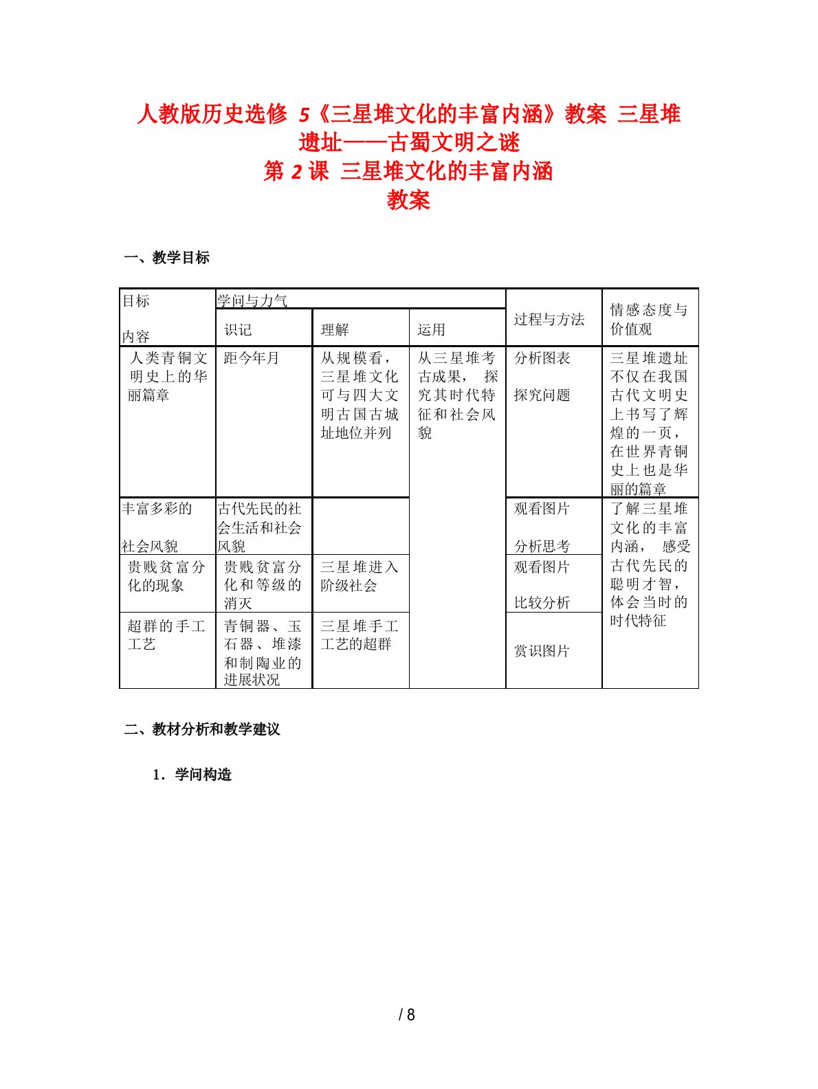 人教版历史选修5《三星堆文化的丰富内涵》教案