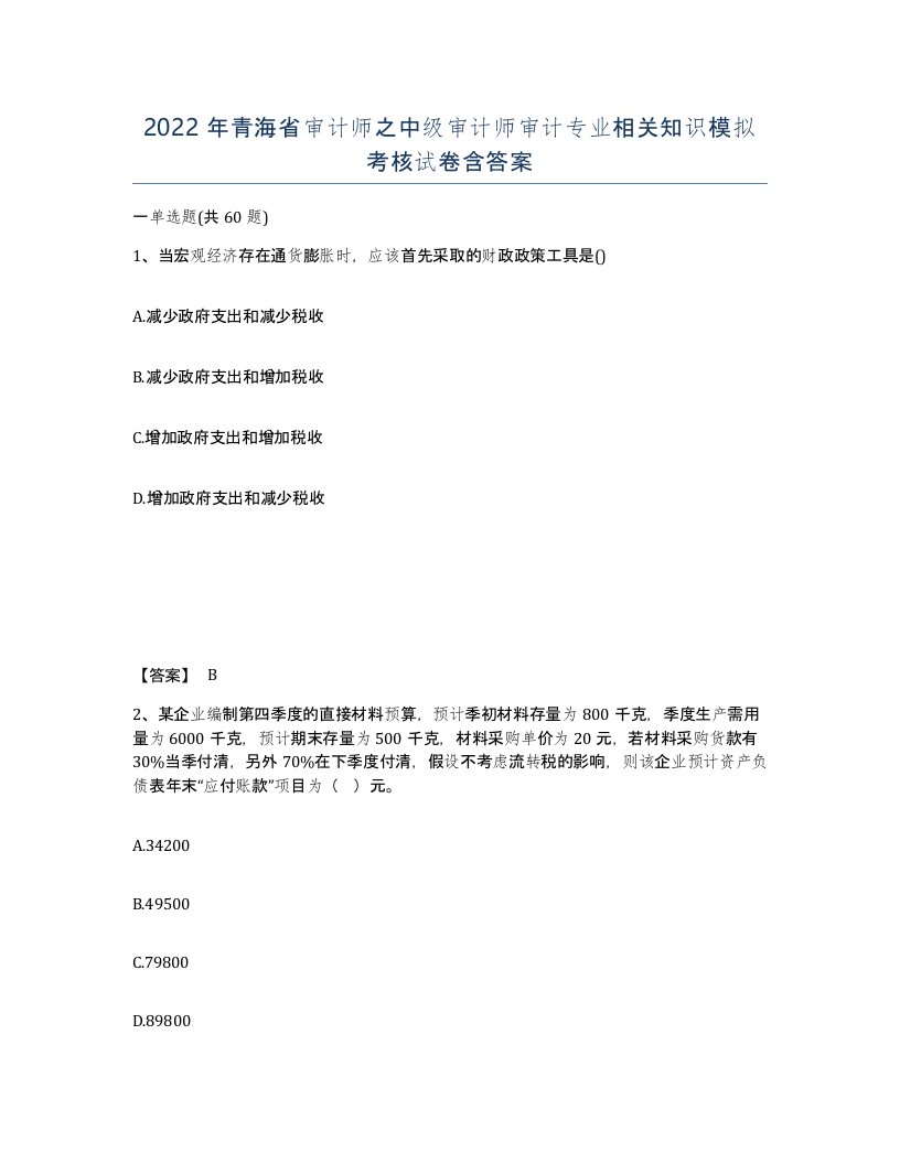 2022年青海省审计师之中级审计师审计专业相关知识模拟考核试卷含答案