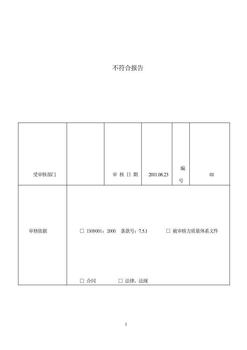 内审不符合项报告范例