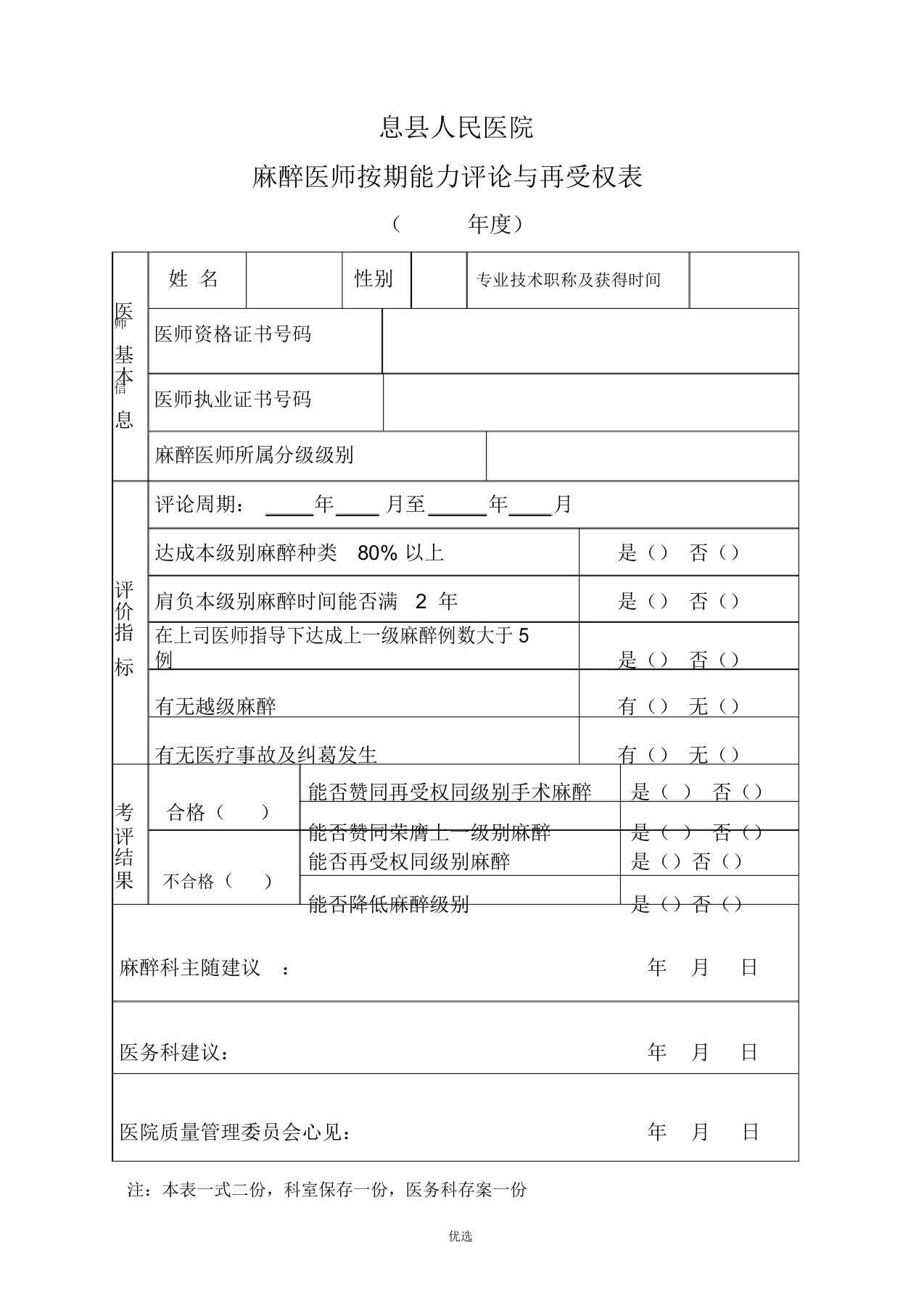 麻醉医师定期能力评价再授权表》、《麻醉资质授权申请表》