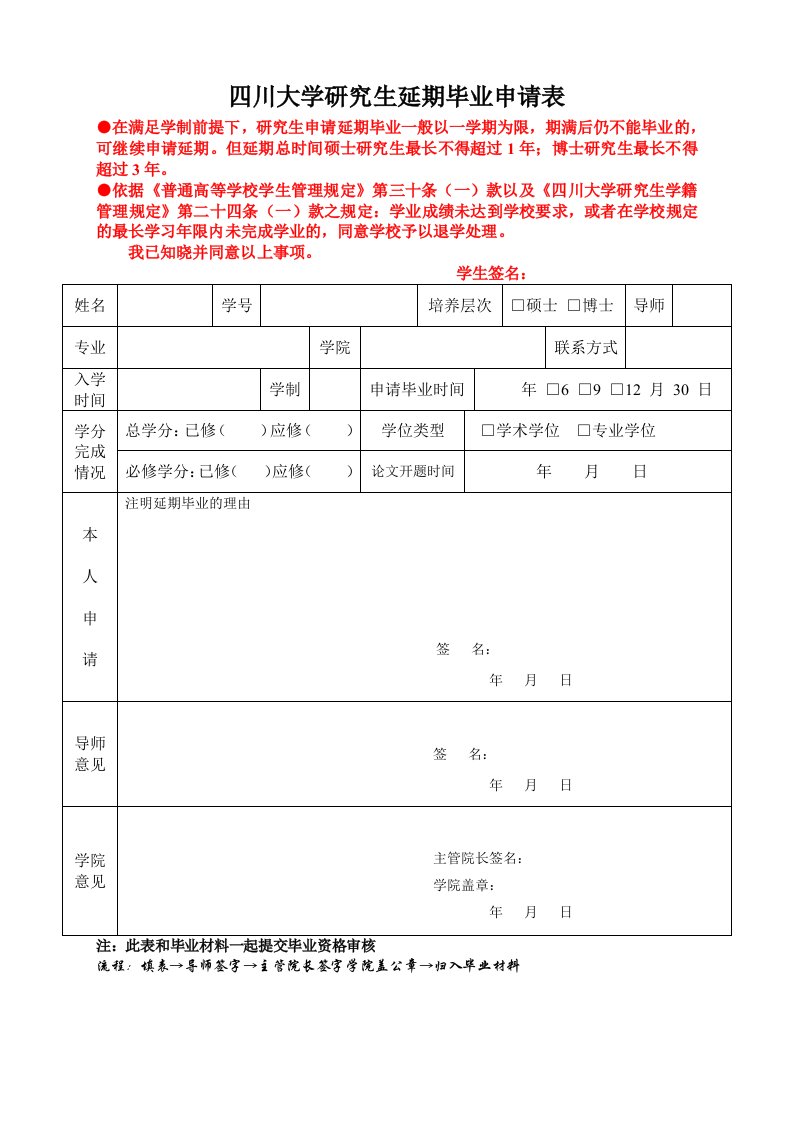 四川大学研究生延期毕业申请表