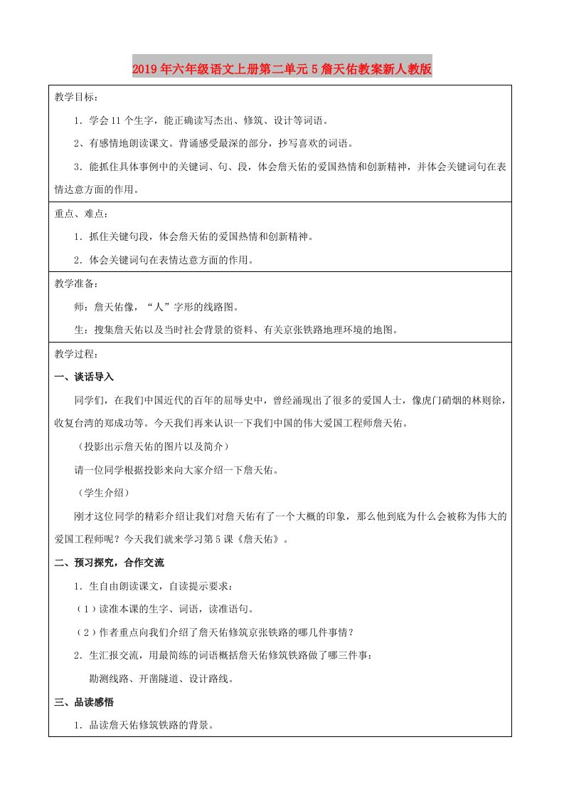 2019年六年级语文上册第二单元5詹天佑教案新人教版