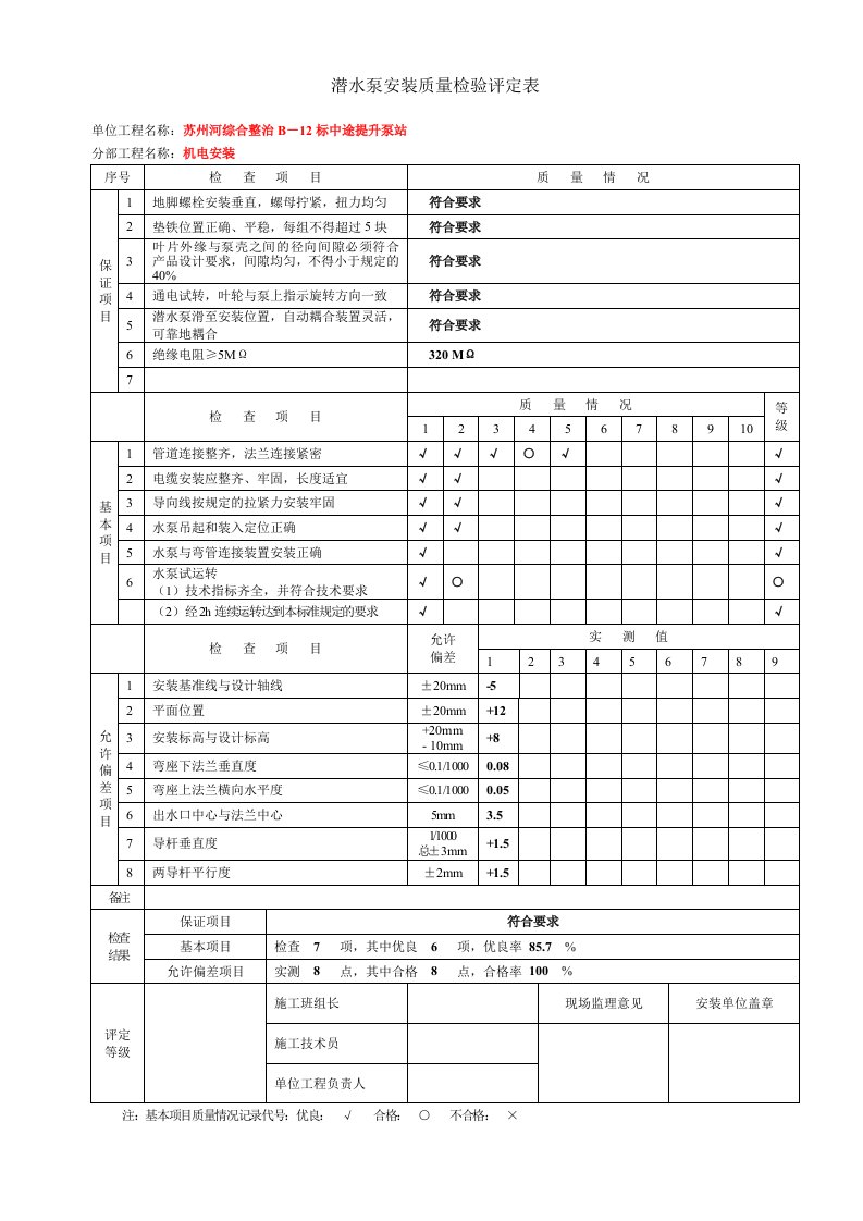 设备安装质量评定表