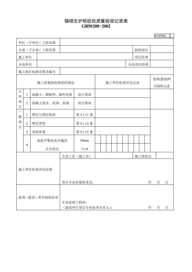 锚喷支护检验批质量验收记录表