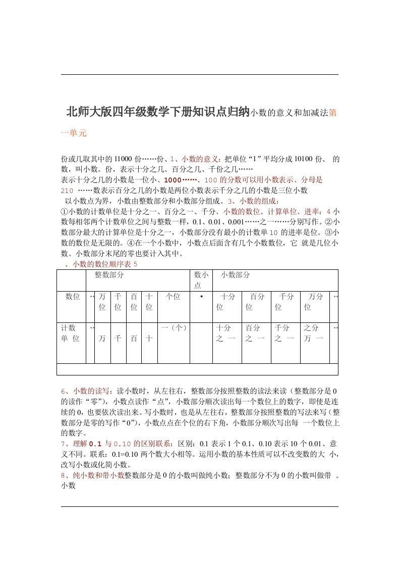 北师大版小学四年级数学下册全册知识点归纳