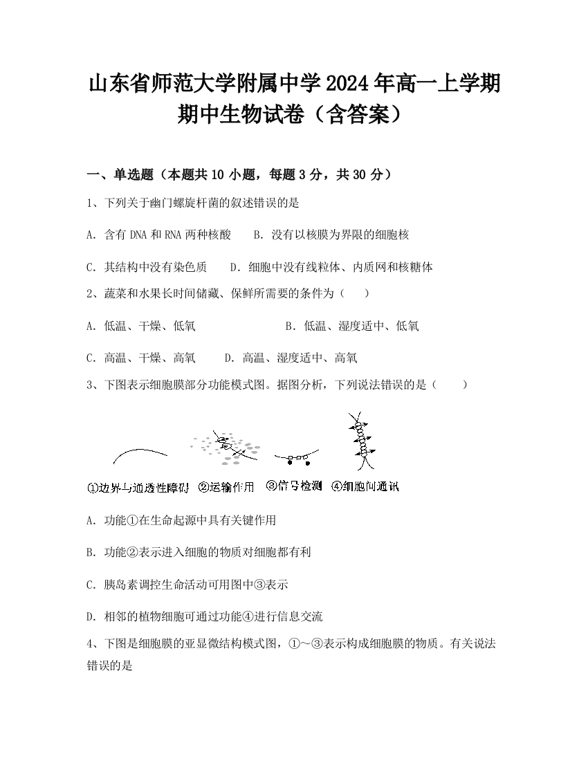 山东省师范大学附属中学2024年高一上学期期中生物试卷（含答案）