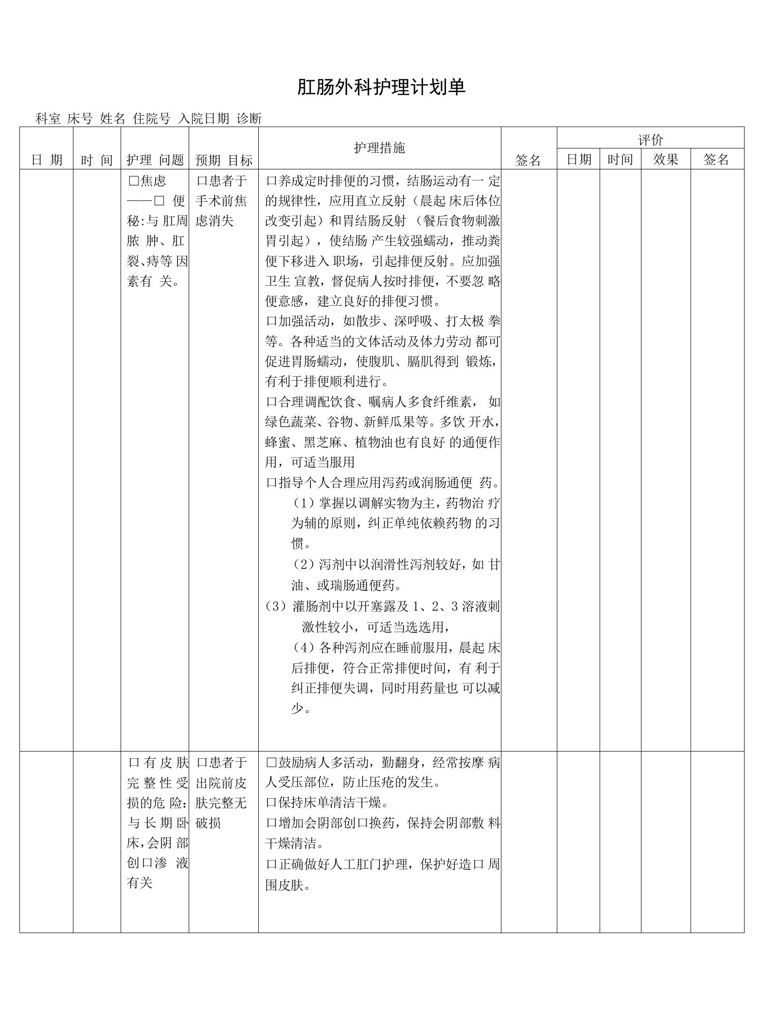 肛肠外科护理计划单