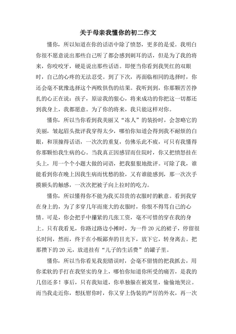 关于母亲我懂你的初二作文