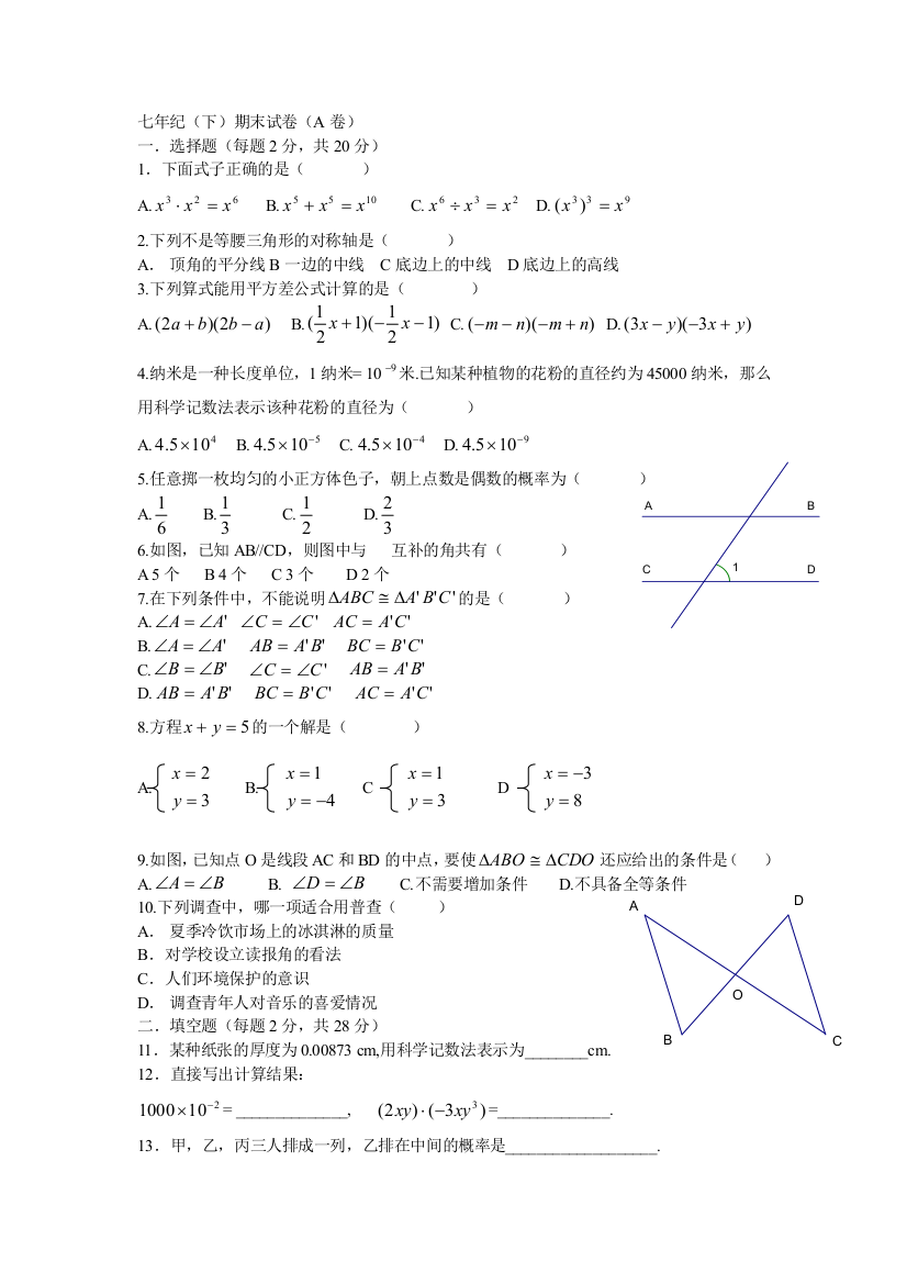 【小学中学教育精选】七年纪（下）期末试卷（A卷）