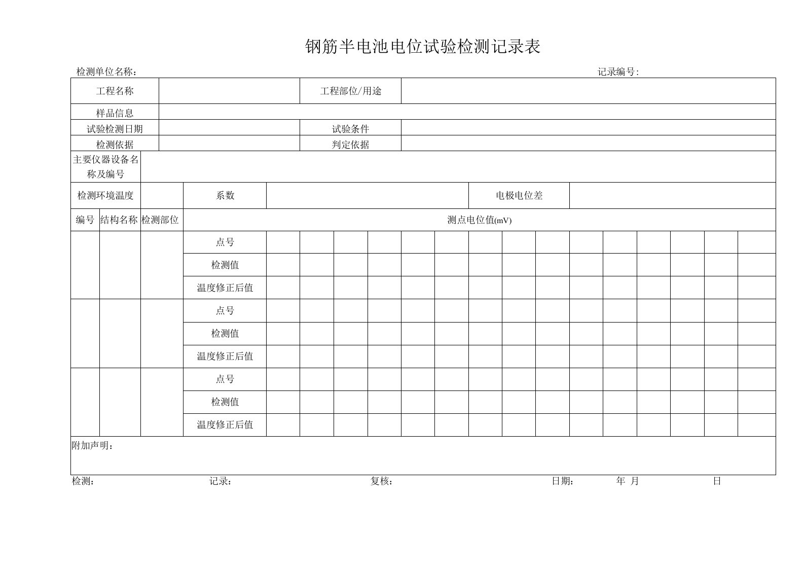 钢筋半电池电位试验检测记录表