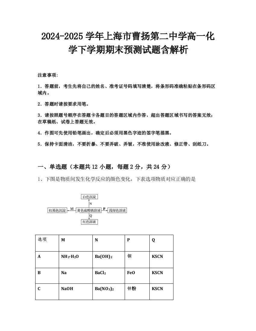 2024-2025学年上海市曹扬第二中学高一化学下学期期末预测试题含解析