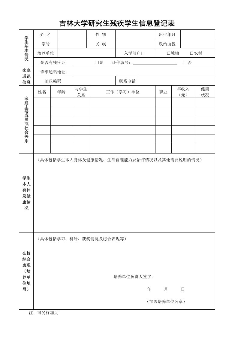 吉林大学研究生残疾学生信息登记表