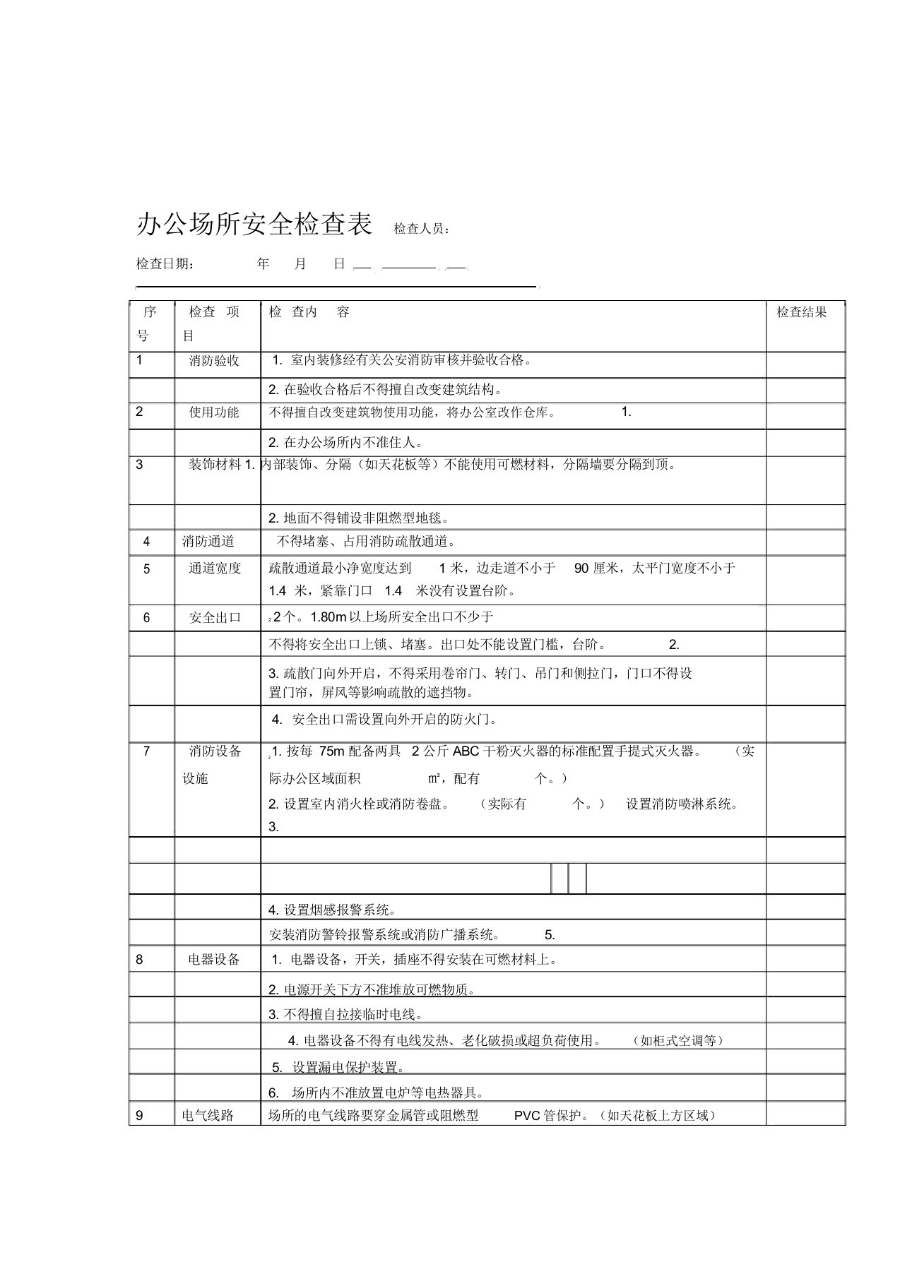 办公场所安全检查表