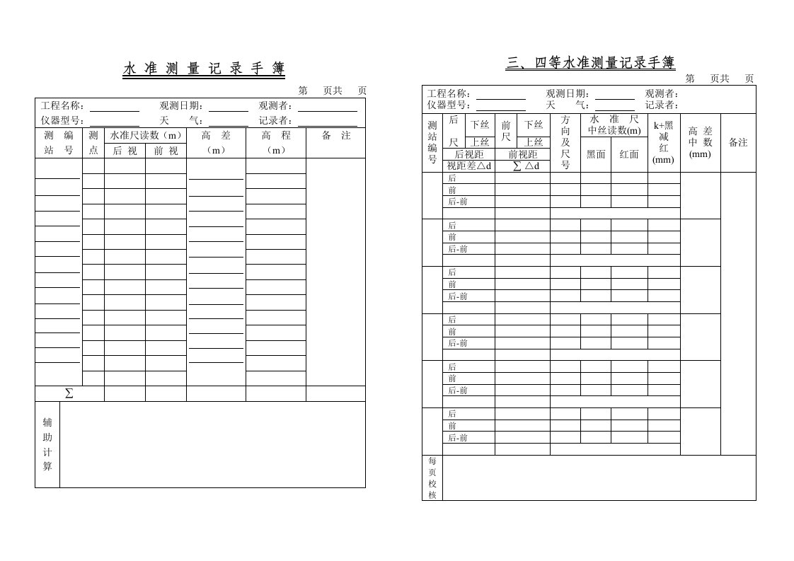 测量实习常用表格