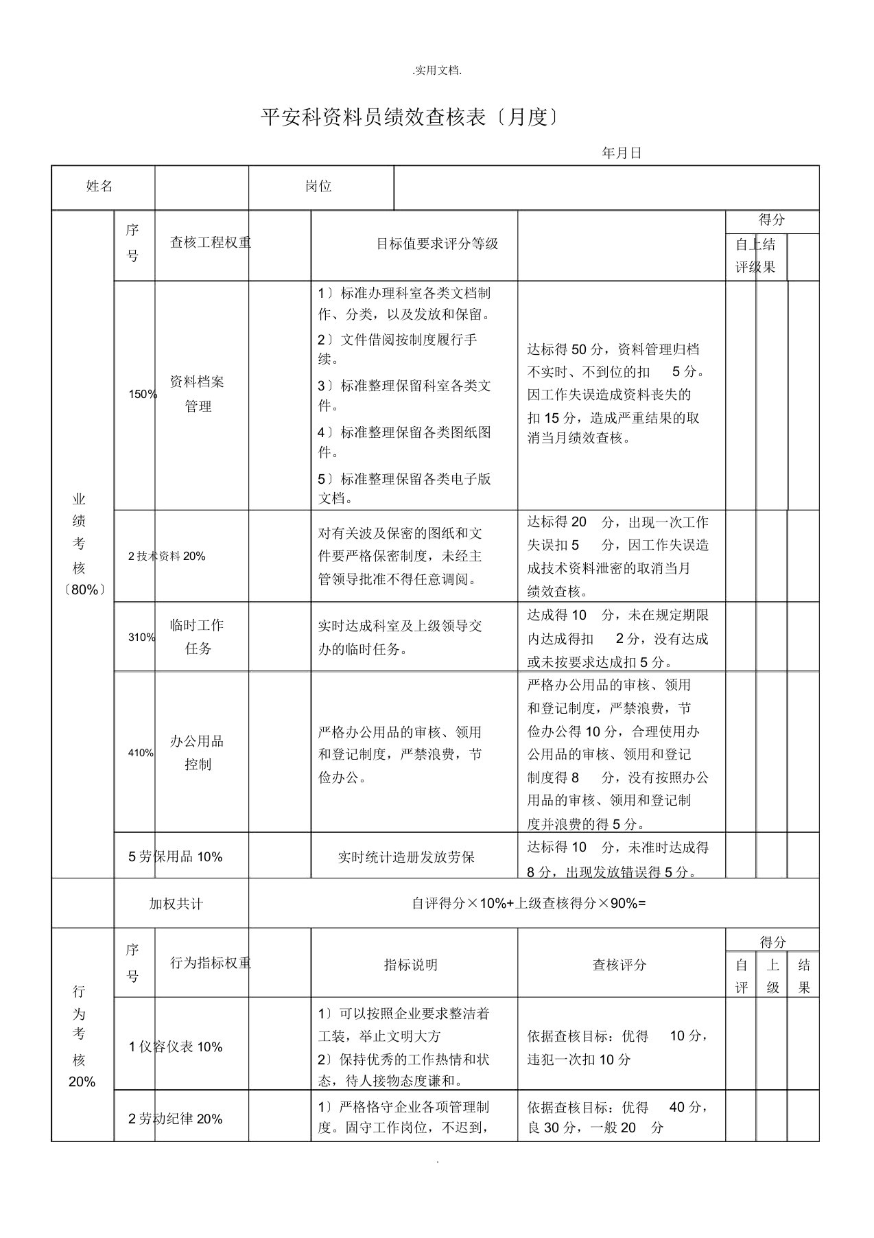 资料员考核表