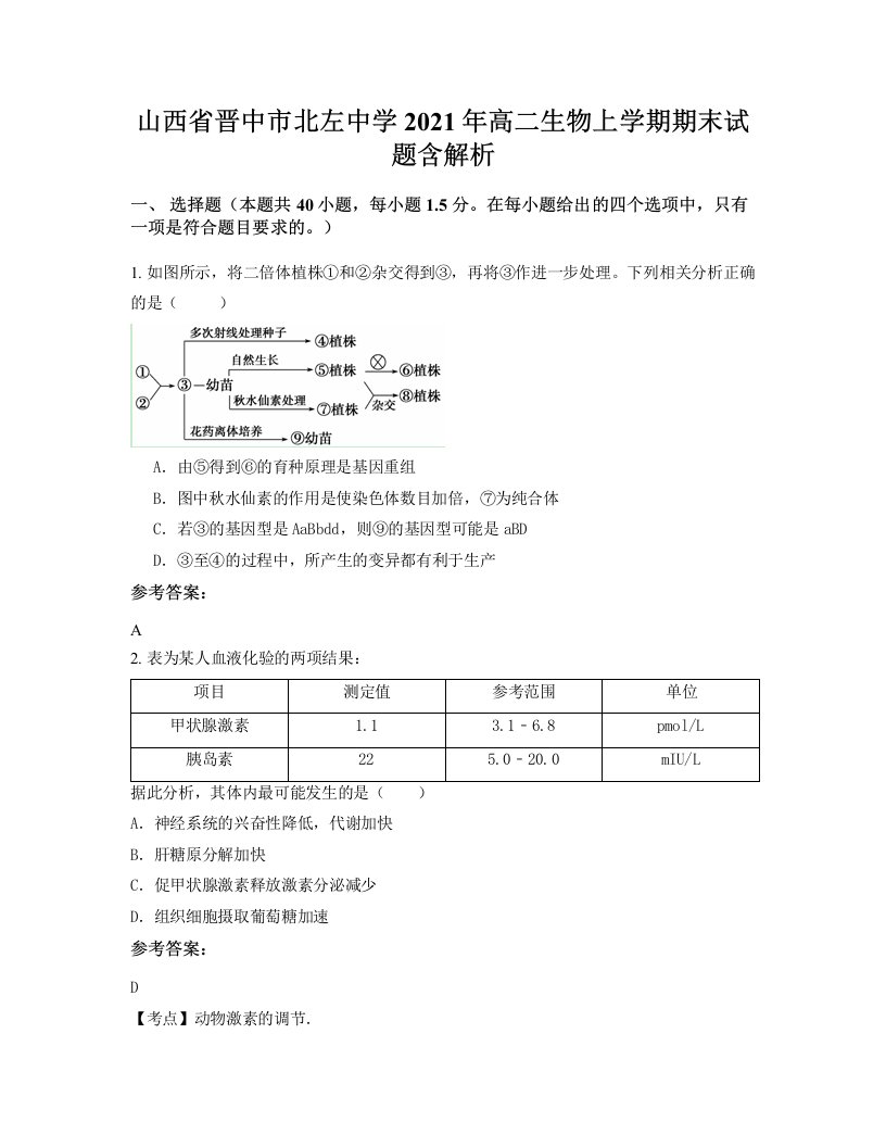 山西省晋中市北左中学2021年高二生物上学期期末试题含解析