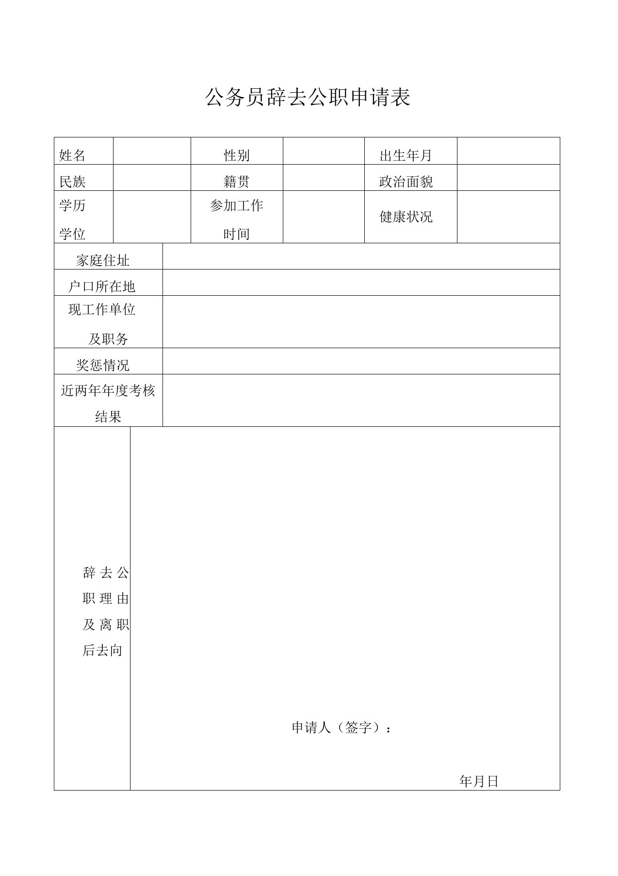 公务员辞去公职申请表