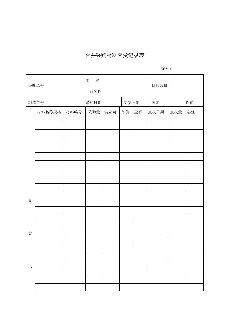 某企业合并采购材料交货记录表