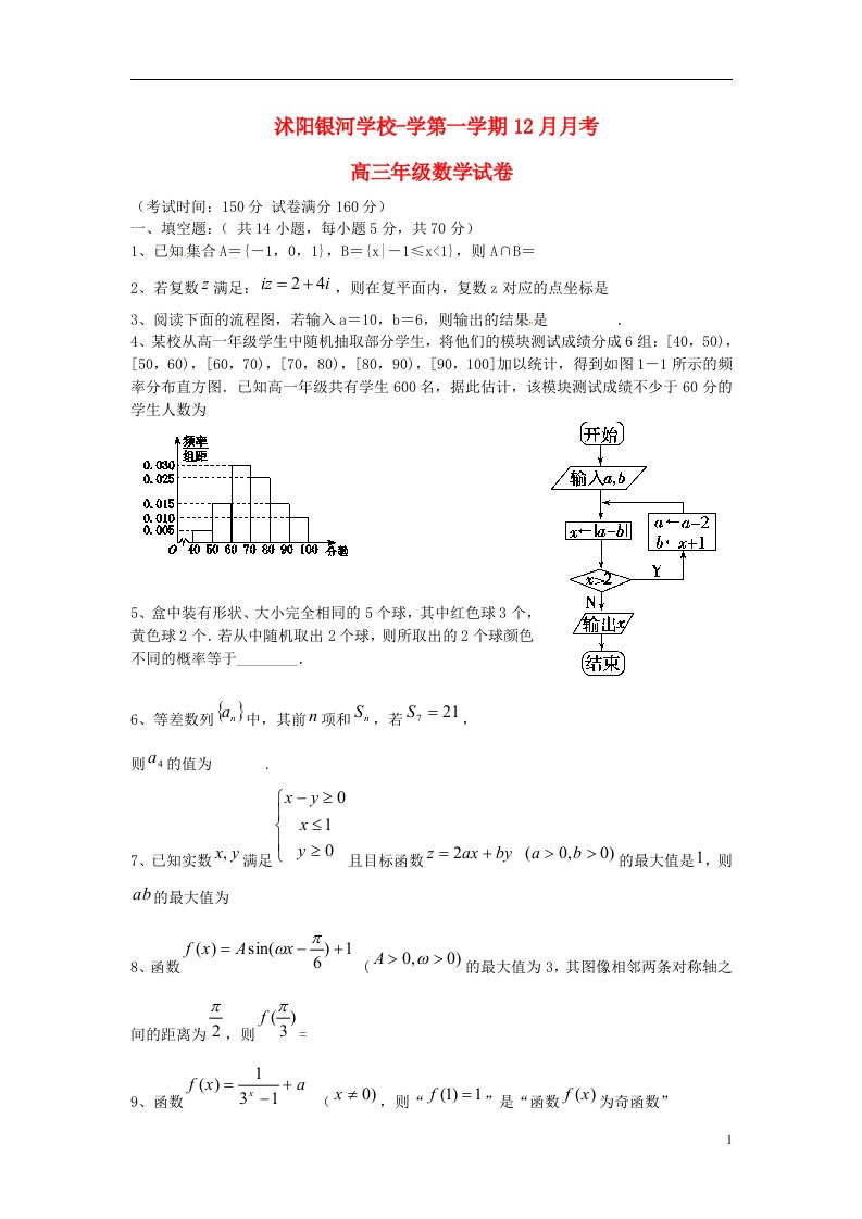 江苏省宿迁市沭阳银河学校高三数学上学期12月月考试题