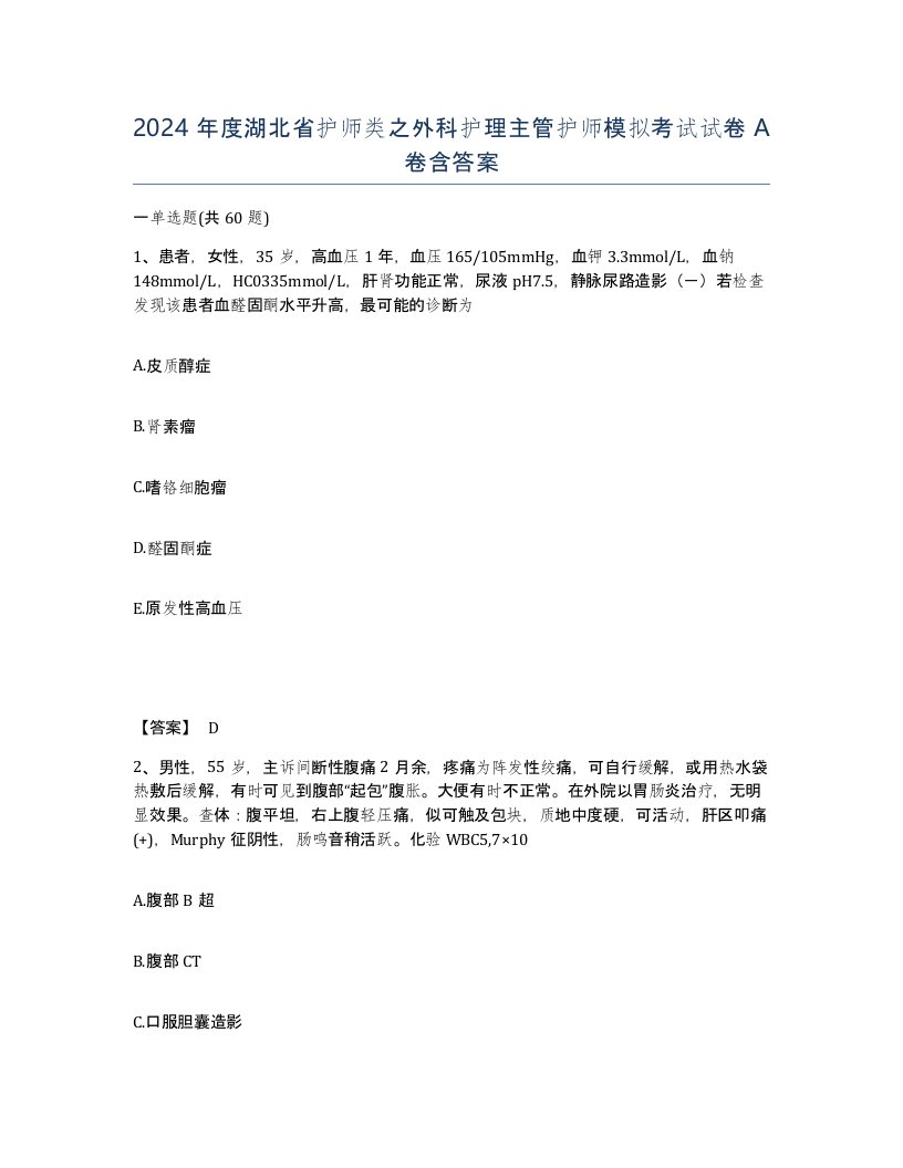 2024年度湖北省护师类之外科护理主管护师模拟考试试卷A卷含答案