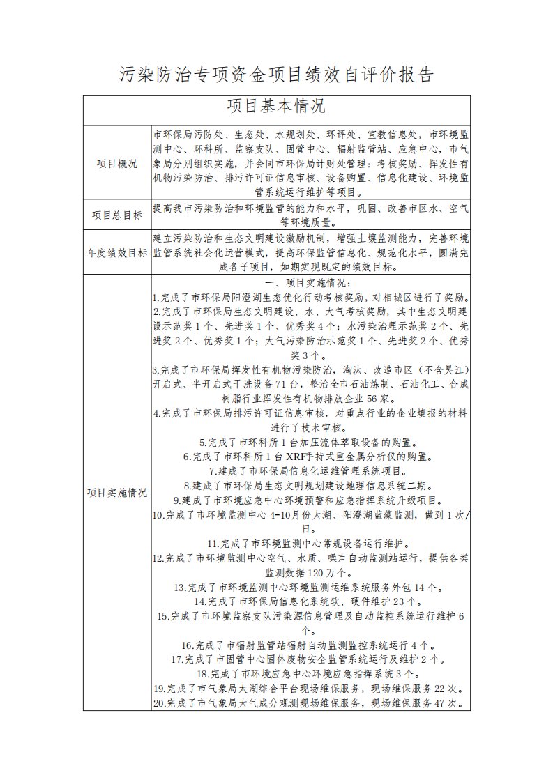 污染防治专项资金项目绩效自评价报告