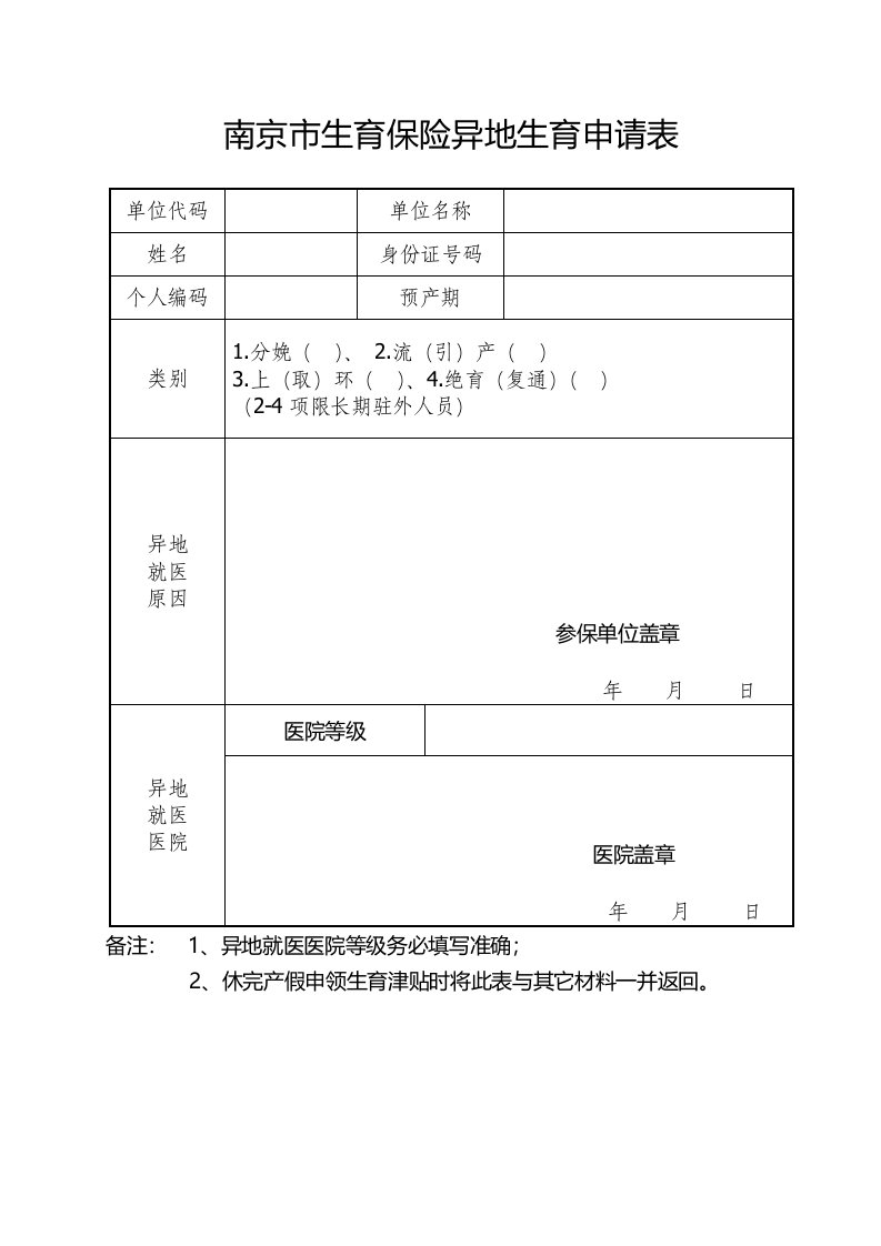 南京市生育保险异地生育申请表