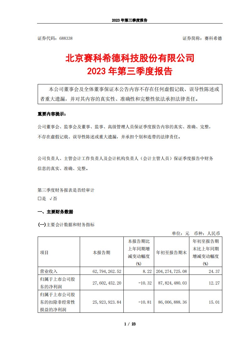 上交所-赛科希德2023年第三季度报告-20231026