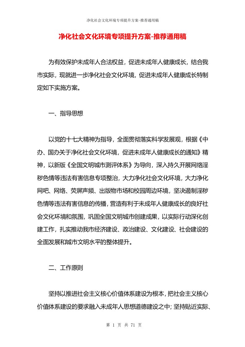 净化社会文化环境专项提升方案