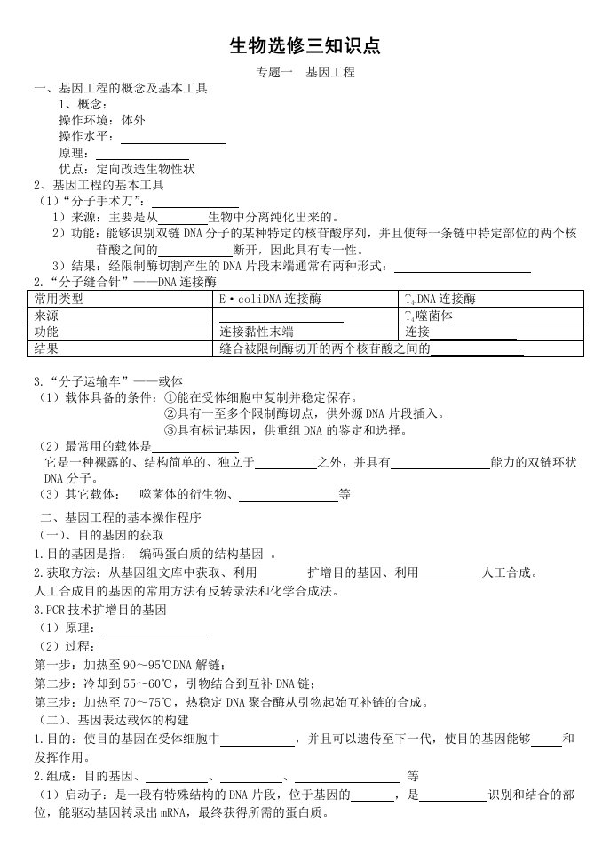 生物选修3基础知识点填空