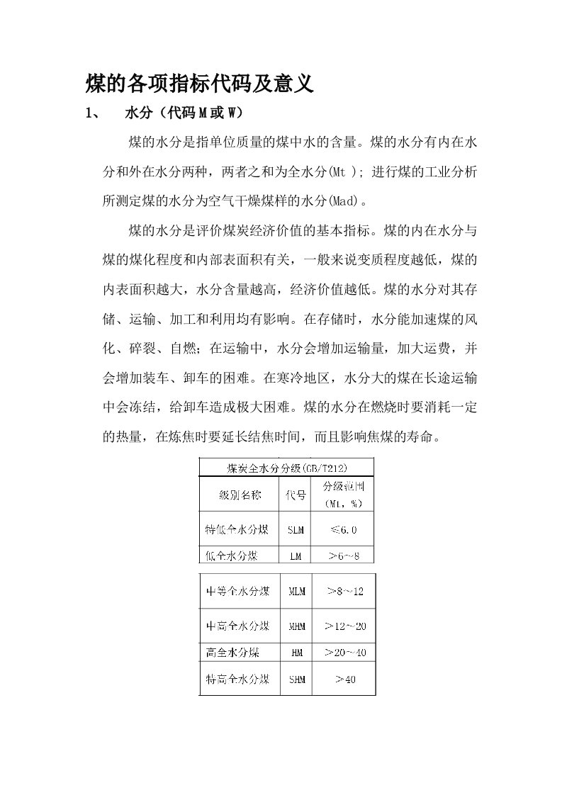 煤的各项指标代码及意义