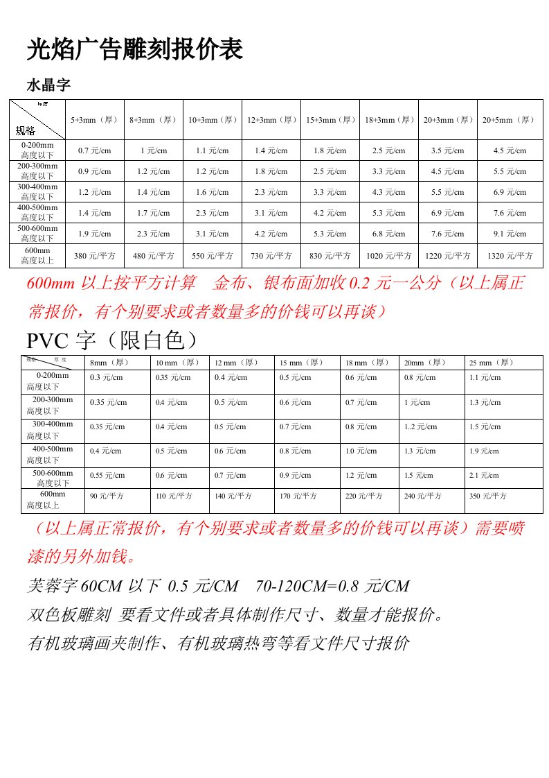 水晶字报价单01