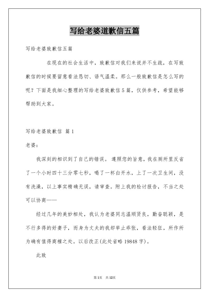 写给老婆道歉信五篇