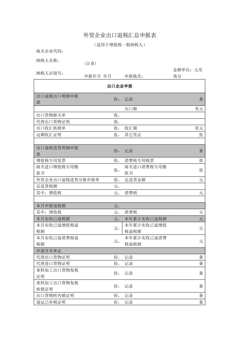 外贸企业出口退税汇总申报表