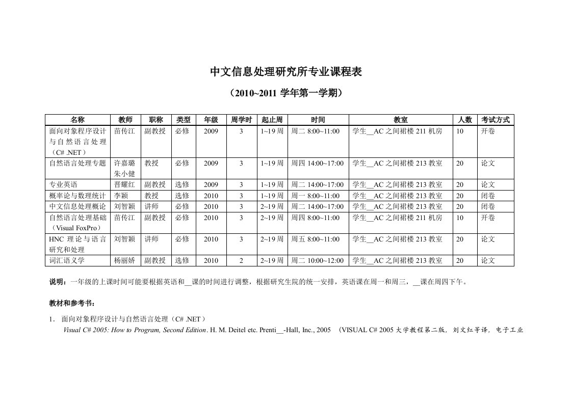 中文信息处理研究所专业课程表