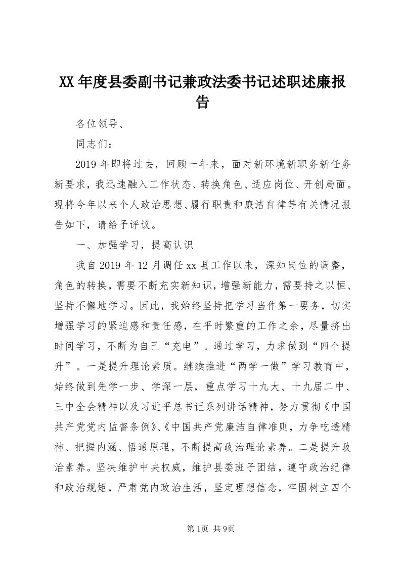 4某年度县委副书记兼政法委书记述职述廉报告